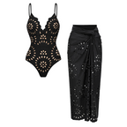 Women's Laser Cut Floral Hollow-Out One-Piece Swimsuit & Long Skirt Set V-Neck Beach Vacation Pool Party Resort Cruise – Black - Lolly 