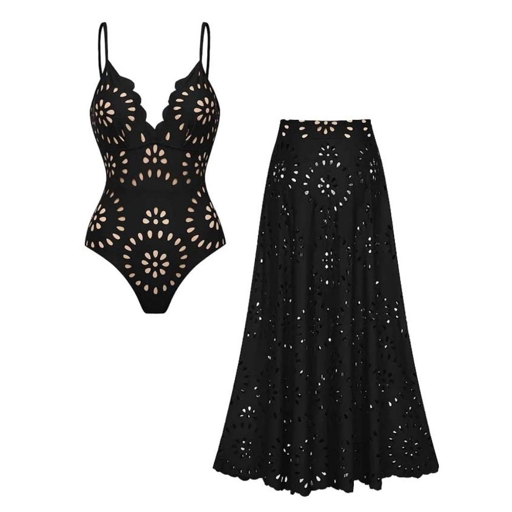 Women's Laser Cut Floral Hollow-Out One-Piece Swimsuit & Long Skirt Set V-Neck Beach Vacation Pool Party Resort Cruise – Black - Lolly 