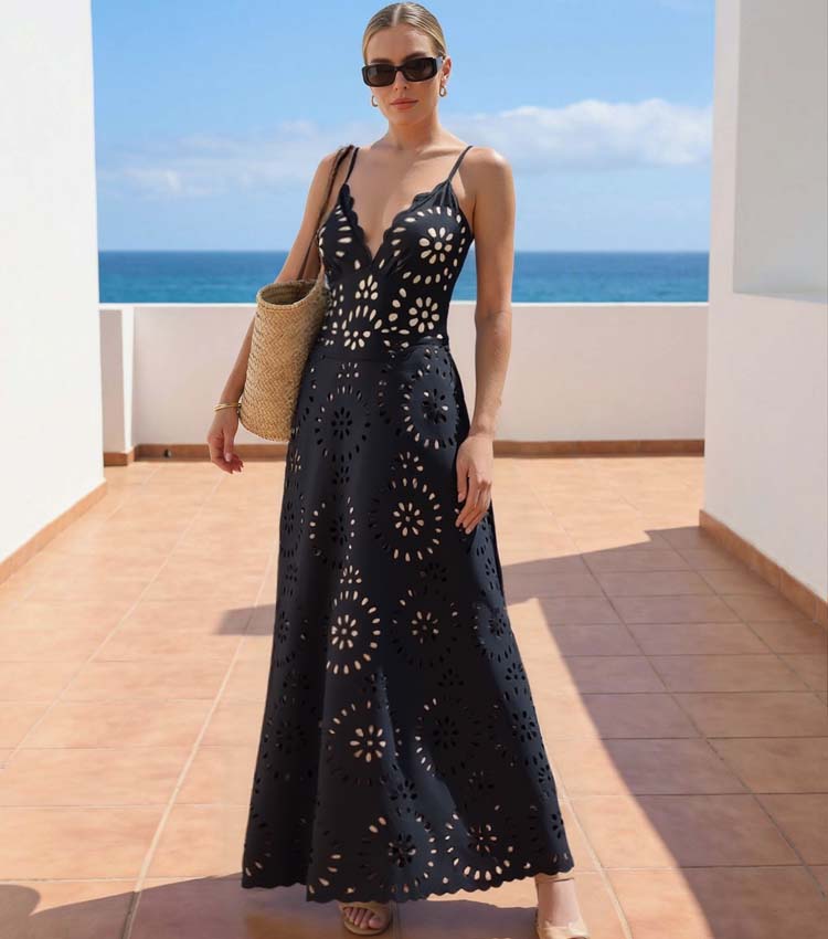 Women's Laser Cut Floral Hollow-Out One-Piece Swimsuit & Long Skirt Set V-Neck Beach Vacation Pool Party Resort Cruise – Black - Lolly 