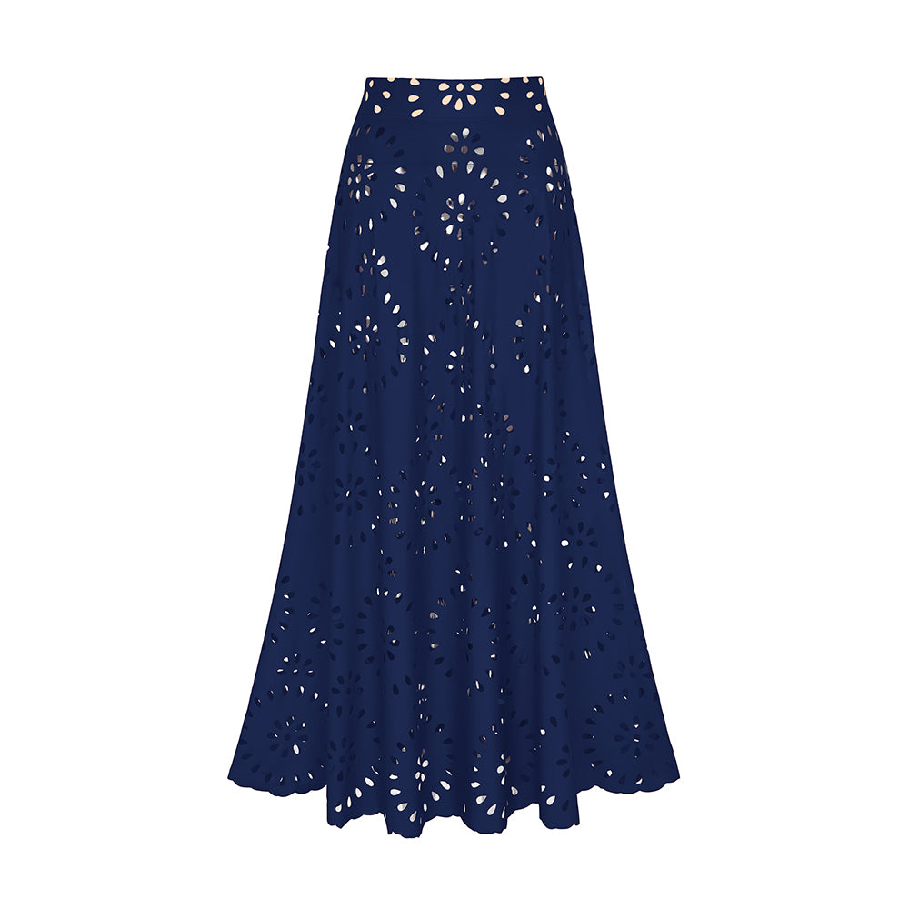 Women's Laser Cut Flower Hollow One-Piece Swimsuit with Cover Up Skirt V-Neck Elegant Beach Summer Swimwear – Navy Blue - Lolly 