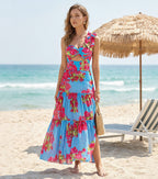 Women's Laser Cut Flower Hollow One-Piece Swimsuit with Cover Up Skirt V-Neck Elegant Beach Summer Swimwear – Navy Blue - Lolly 