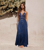 Women's Laser Cut Flower Hollow One-Piece Swimsuit with Cover Up Skirt V-Neck Elegant Beach Summer Swimwear – Navy Blue - Lolly 
