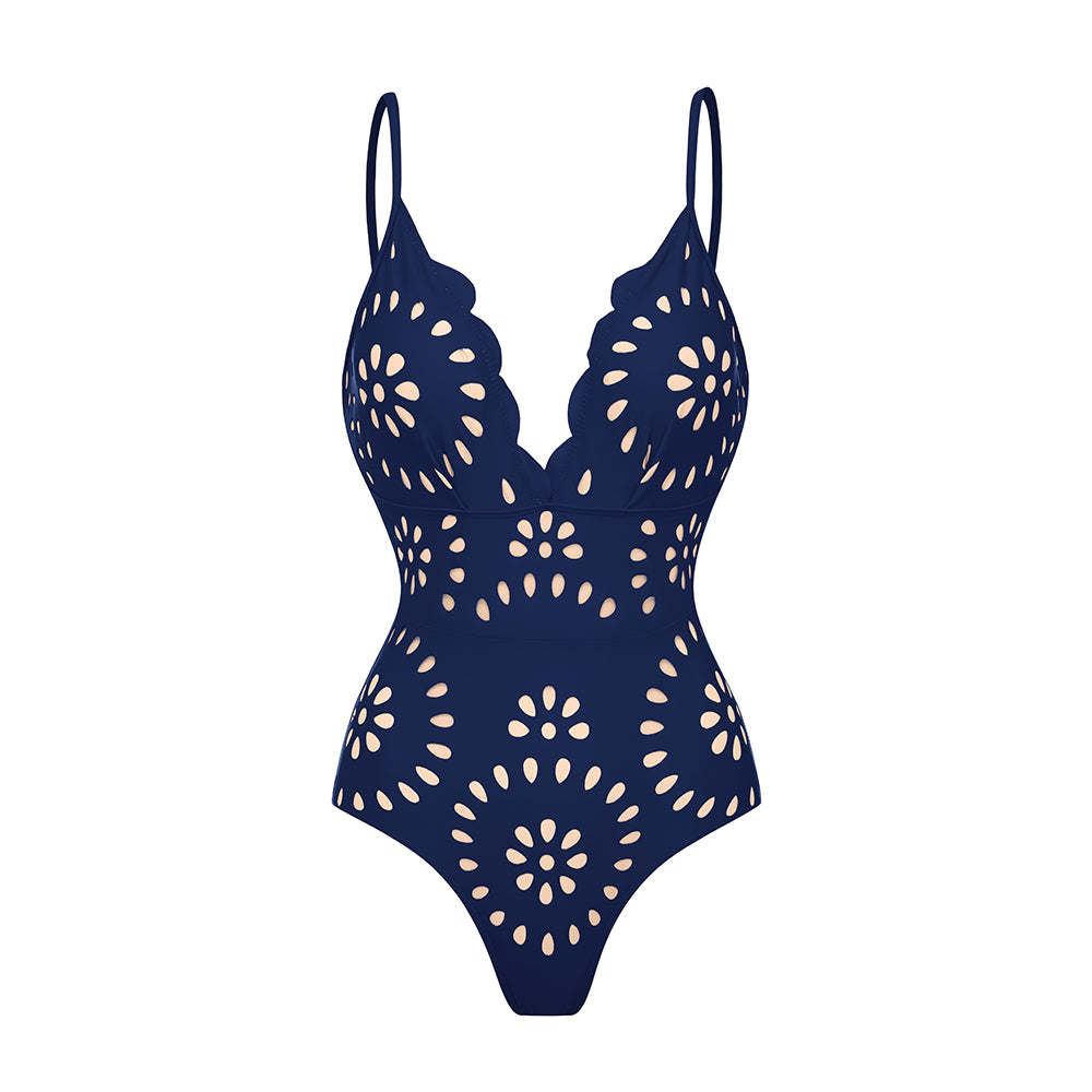 Women's Laser Cut Flower Hollow One-Piece Swimsuit with Cover Up Skirt V-Neck Elegant Beach Summer Swimwear – Navy Blue - Lolly 