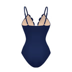 Women's Laser Cut Flower Hollow One-Piece Swimsuit with Cover Up Skirt V-Neck Elegant Beach Summer Swimwear – Navy Blue - Lolly 