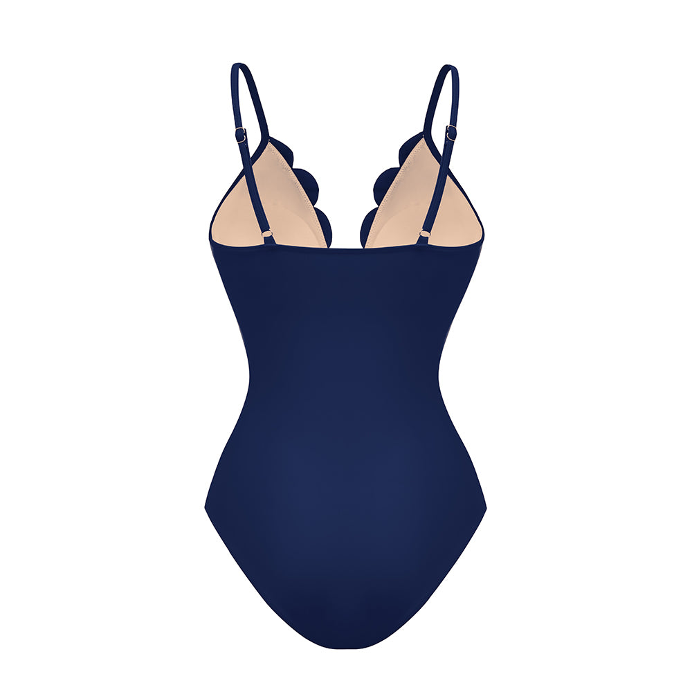 Women's Laser Cut Flower Hollow One-Piece Swimsuit with Cover Up Skirt V-Neck Elegant Beach Summer Swimwear – Navy Blue - Lolly 