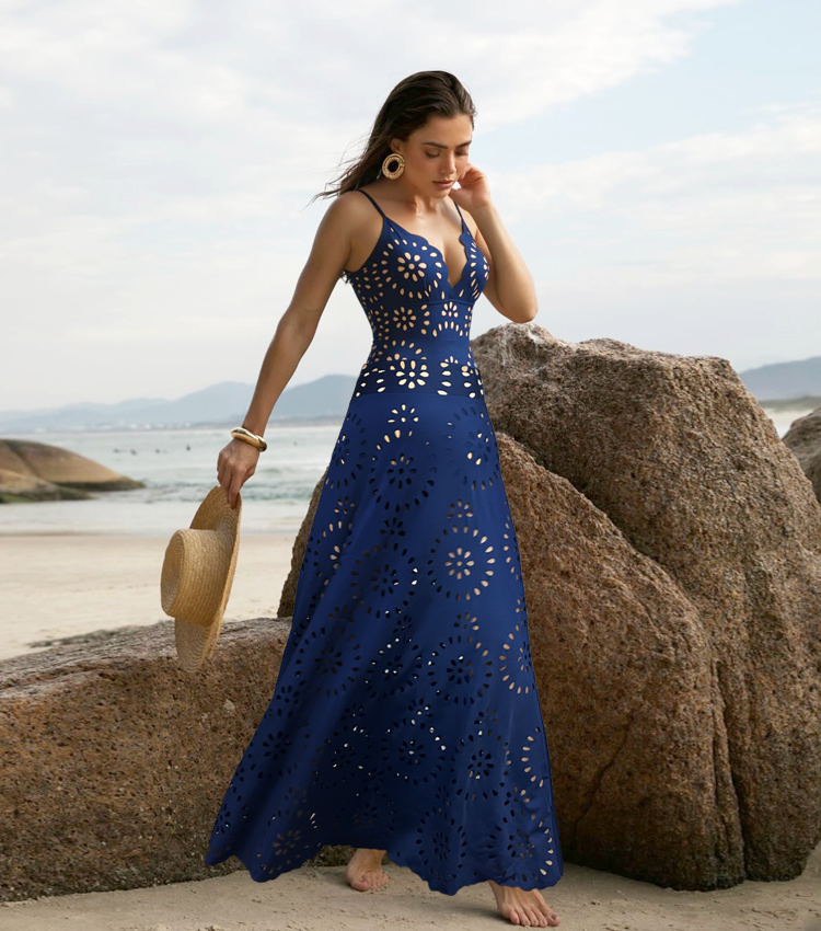 Women's Laser Cut Flower Hollow One-Piece Swimsuit with Cover Up Skirt V-Neck Elegant Beach Summer Swimwear – Navy Blue - Lolly 