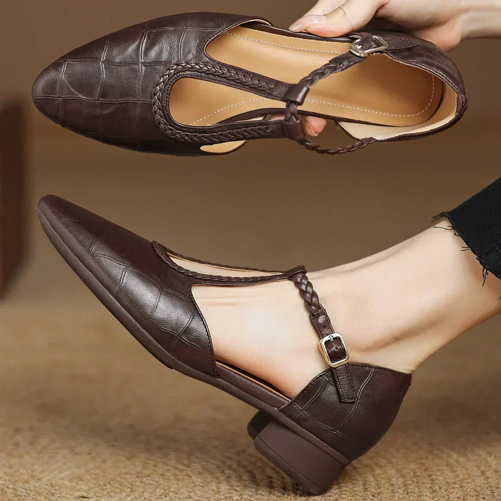 Women's Leather Mary Jane Flat Shoes T-Strap Round Toe Metal Buckle Casual Work Office Everyday Comfortable Walking Smart Casual – Sarah & Kate - Lolly 