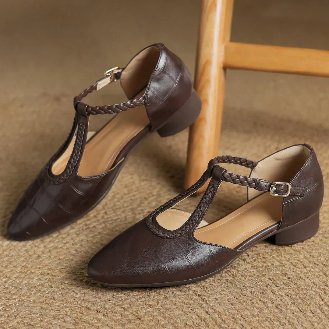 Women's Leather Mary Jane Flat Shoes T-Strap Round Toe Metal Buckle Casual Work Office Everyday Comfortable Walking Smart Casual – Sarah & Kate - Lolly 