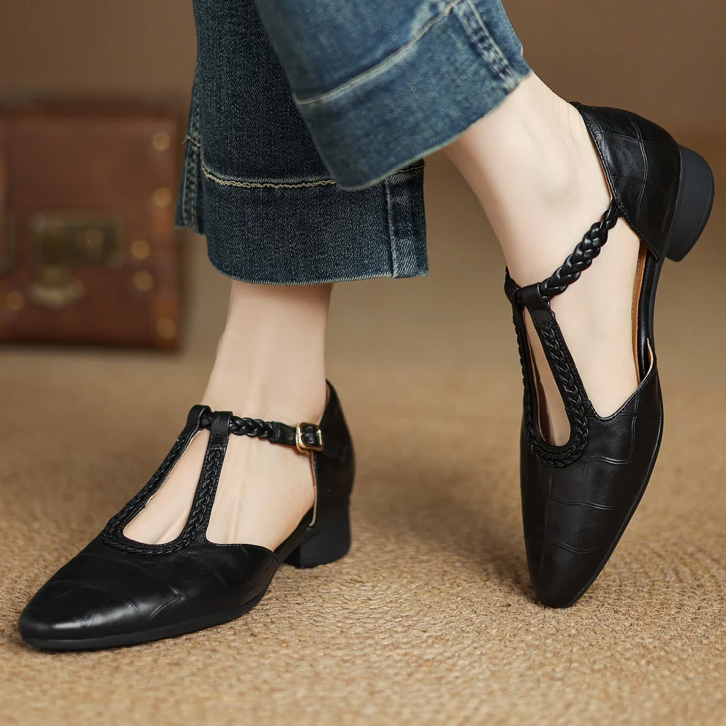 Women's Leather Mary Jane Flat Shoes T-Strap Round Toe Metal Buckle Casual Work Office Everyday Comfortable Walking Smart Casual – Sarah & Kate - Lolly 
