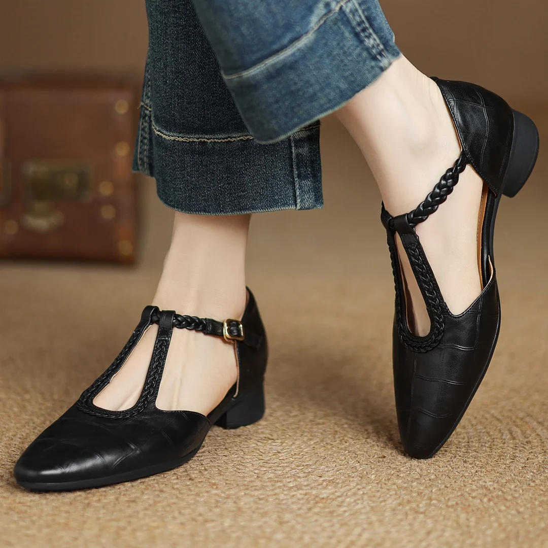 Women's Leather Mary Jane Flat Shoes T-Strap Round Toe Metal Buckle Casual Work Office Everyday Comfortable Walking Smart Casual – Sarah & Kate - Lolly 