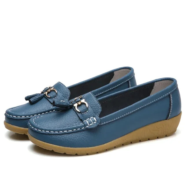 Women's Leather Moccasin Loafers Slip-On Flat Arch Support Casual Everyday Shoes - Lolly 