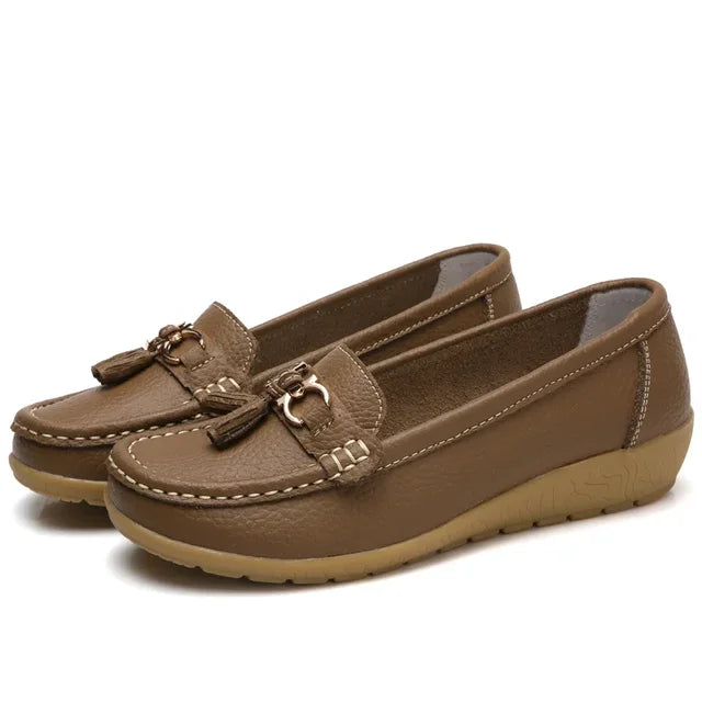Women's Leather Moccasin Loafers Slip-On Flat Arch Support Casual Everyday Shoes - Lolly 