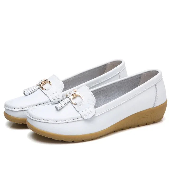 Women's Leather Moccasin Loafers Slip-On Flat Arch Support Casual Everyday Shoes - Lolly 