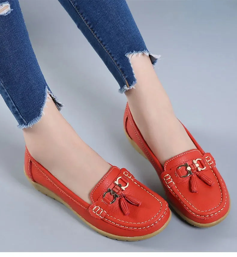 Women's Leather Moccasin Loafers Slip-On Flat Arch Support Casual Everyday Shoes - Lolly 