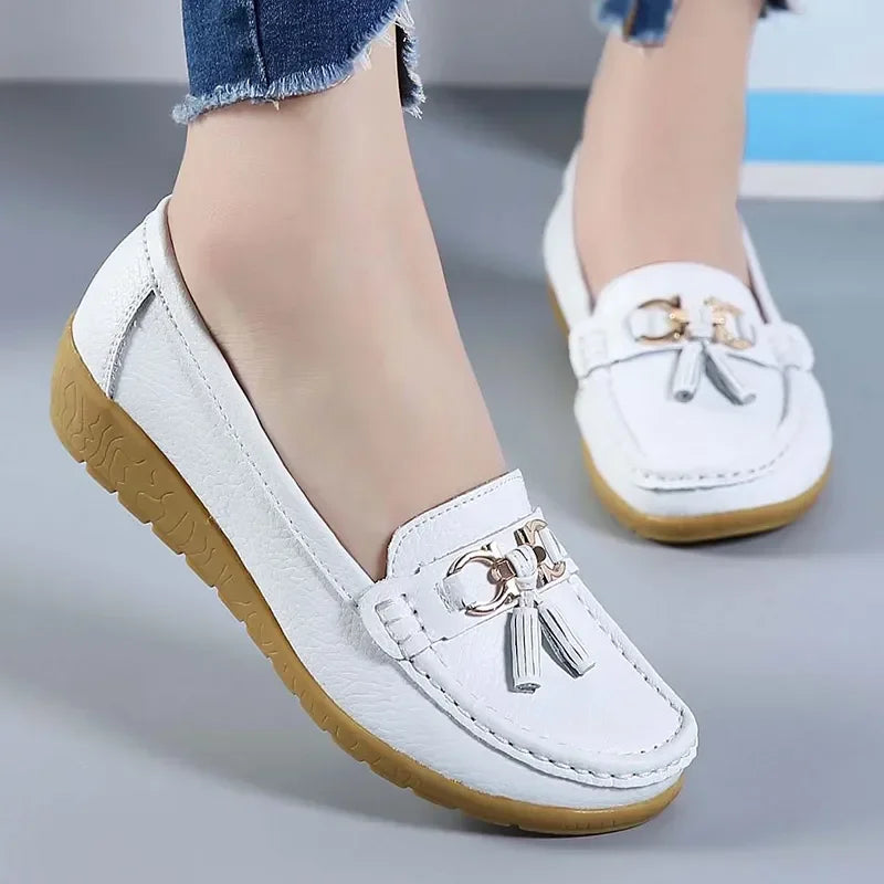 Women's Leather Moccasin Loafers Slip-On Flat Arch Support Casual Everyday Shoes - Lolly 