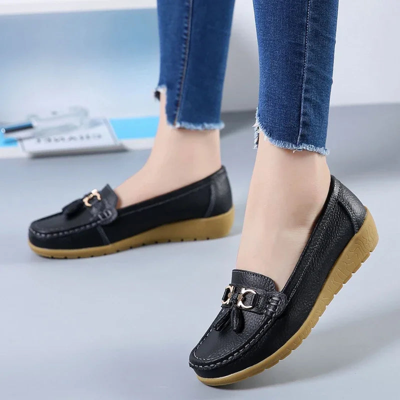 Women's Leather Moccasin Loafers Slip-On Flat Arch Support Casual Everyday Shoes - Lolly 