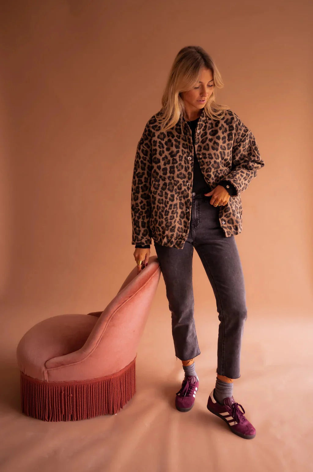 Women's Leopard Print Bomber Jacket Snap-Button Casual Outerwear - Lolly 