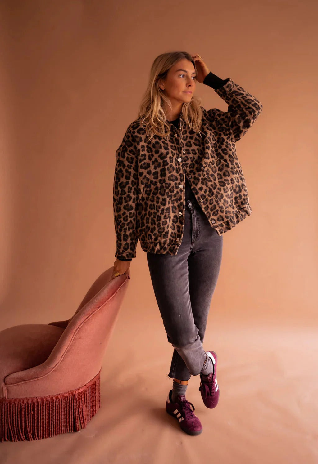 Women's Leopard Print Bomber Jacket Snap-Button Casual Outerwear - Lolly 
