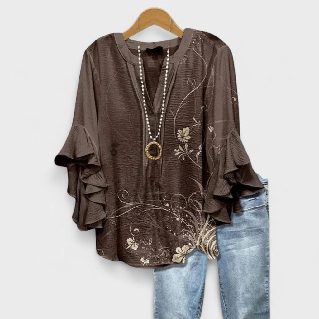 Women's Lightweight Floral Print Blouse Ruffle Bell Sleeve V-Neck Casual Elegant Everyday Top – Kay - Lolly 