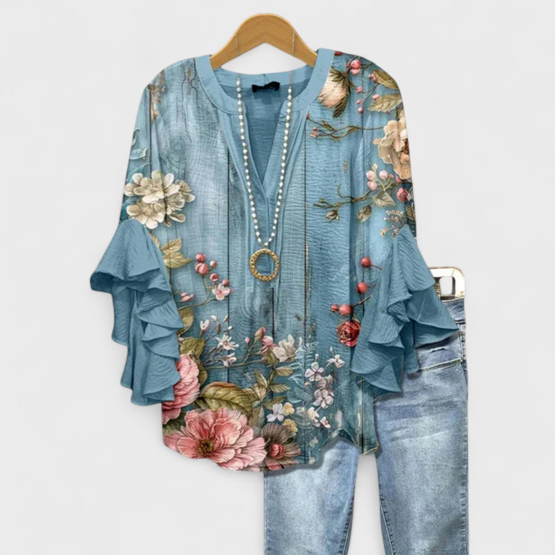 Women's Lightweight Floral Print Blouse Ruffle Bell Sleeve V-Neck Casual Elegant Everyday Top – Kay - Lolly 