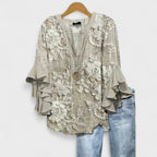 Women's Lightweight Floral Print Blouse Ruffle Bell Sleeve V-Neck Casual Elegant Everyday Top – Kay - Lolly 