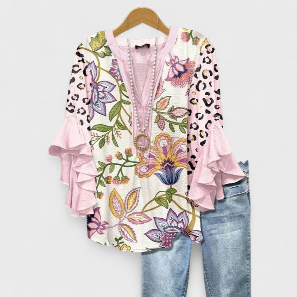 Women's Lightweight Floral Print Blouse Ruffle Bell Sleeve V-Neck Casual Elegant Everyday Top – Kay - Lolly 
