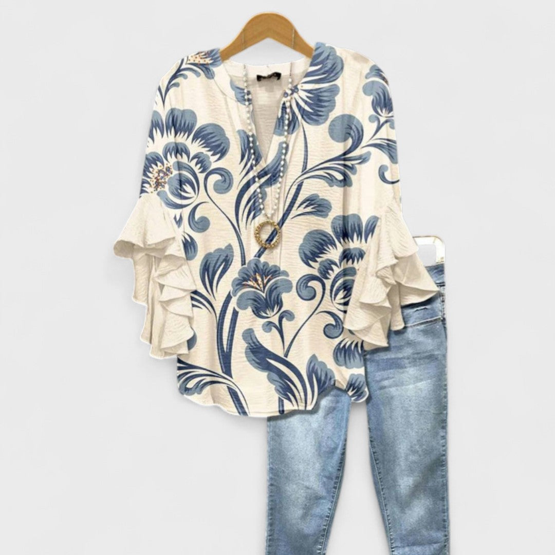 Women's Lightweight Floral Print Blouse Ruffle Bell Sleeve V-Neck Casual Elegant Everyday Top – Kay - Lolly 