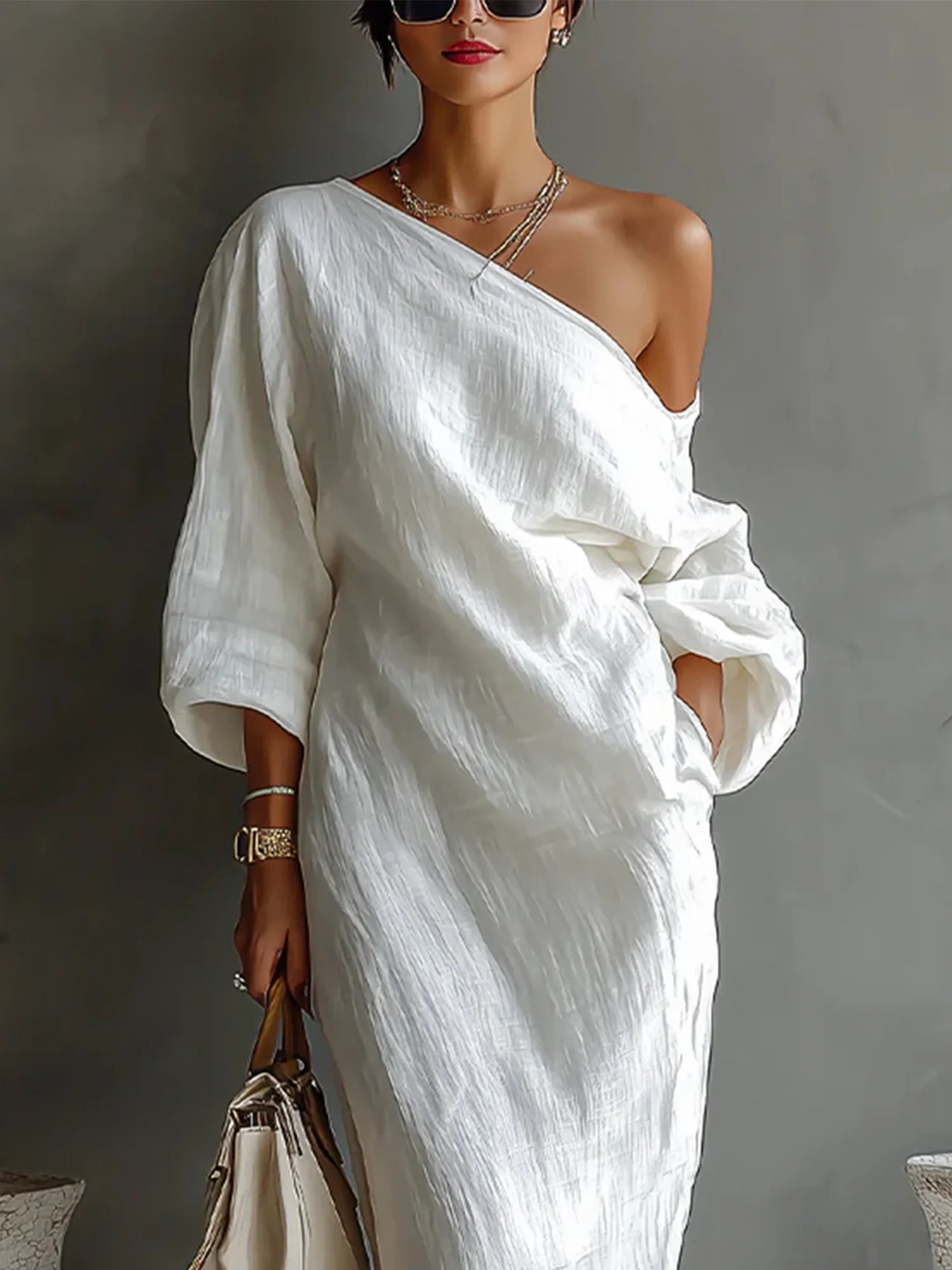 Women's Linen Balloon Sleeve Long Dress Off-Shoulder Oversized Relaxed – Lolly Women's Linen Balloon Sleeve Long Dress Off-Shoulder Oversized Relaxed – Lolly