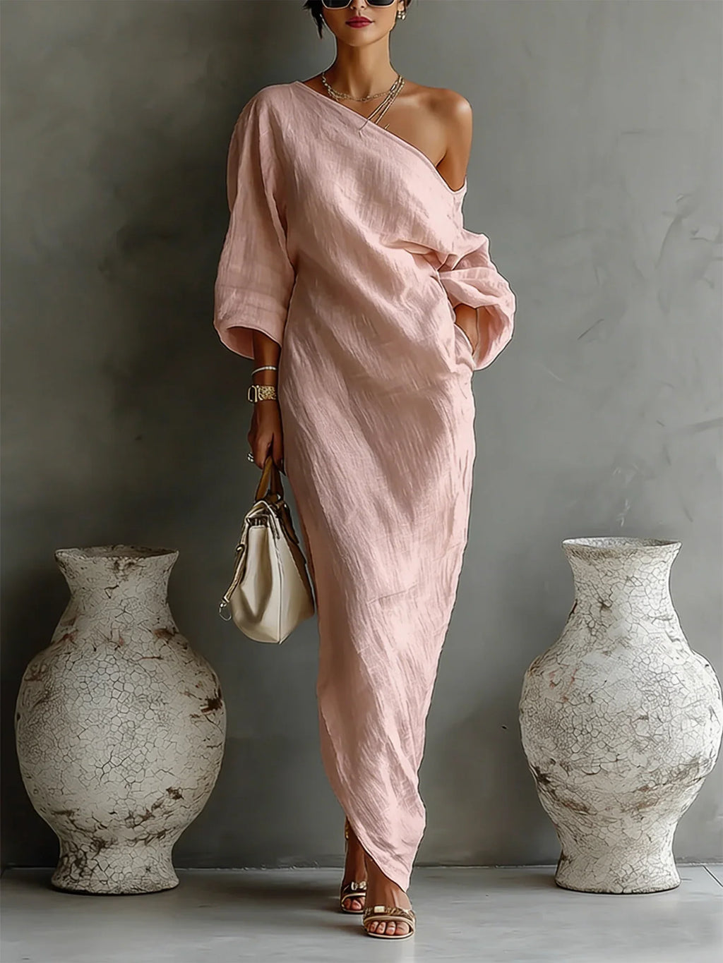 Women's Linen Balloon Sleeve Long Dress Off-Shoulder Oversized Relaxed Fit Casual Summer Beach Vacation Resort Everyday – Brisa - Lolly 