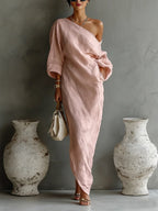 Women's Linen Balloon Sleeve Long Dress Off-Shoulder Oversized Relaxed Fit Casual Summer Beach Vacation Resort Everyday – Brisa - Lolly 