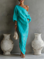 Women's Linen Balloon Sleeve Long Dress Off-Shoulder Oversized Relaxed Fit Casual Summer Beach Vacation Resort Everyday – Brisa - Lolly 