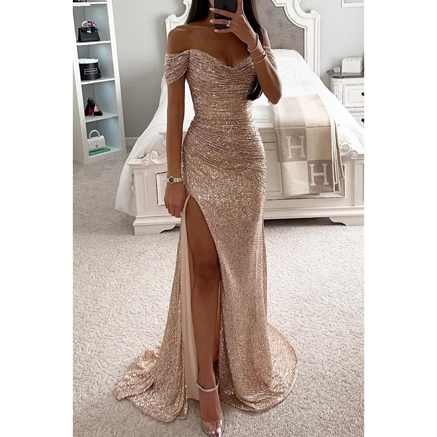 Women's Long Off-Shoulder Sequin Evening Dress Slit Elegant Formal Gown – Wensilian - Lolly 