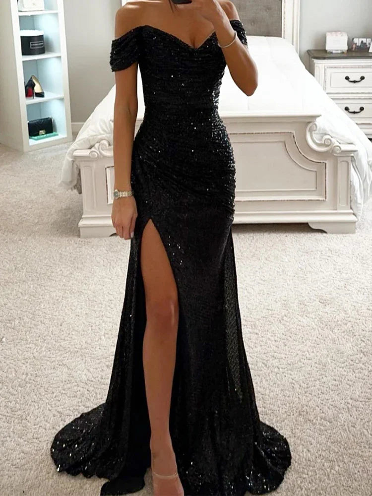 Women's Long Off-Shoulder Sequin Evening Dress Slit Elegant Formal Gown – Wensilian - Lolly 