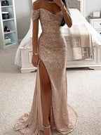 Women's Long Off-Shoulder Sequin Evening Dress Slit Elegant Formal Gown – Wensilian - Lolly 