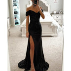 Women's Long Off-Shoulder Sequin Evening Dress Slit Elegant Formal Gown – Wensilian - Lolly 