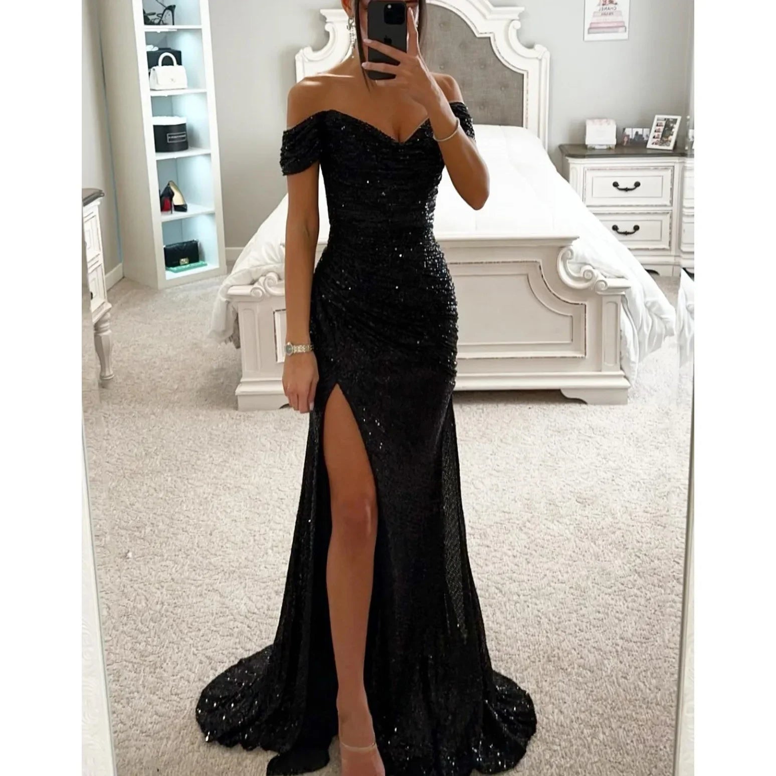 Women's Long Off-Shoulder Sequin Evening Dress Slit Elegant Formal Gown – Wensilian - Lolly 