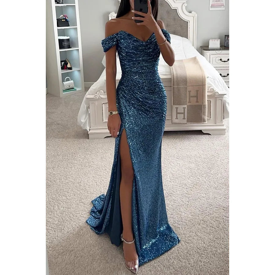 Women's Long Off-Shoulder Sequin Evening Dress Slit Elegant Formal Gown – Wensilian - Lolly 