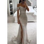 Women's Long Off-Shoulder Sequin Evening Dress Slit Elegant Formal Gown – Wensilian - Lolly 
