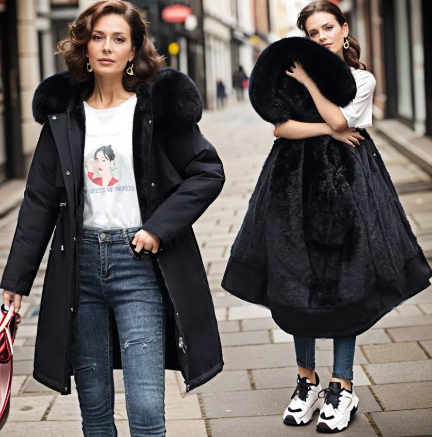 Women's Long Parka Coat Faux Fur Hood Drawstring Waist Winter Waterproof Padded - Lolly 