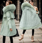 Women's Long Parka Coat Faux Fur Hood Drawstring Waist Winter Waterproof Padded - Lolly 