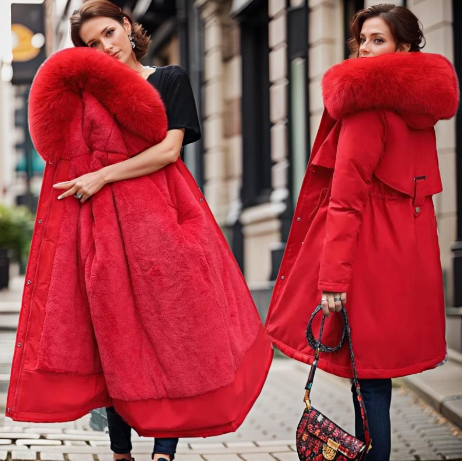 Women's Long Parka Coat Faux Fur Hood Drawstring Waist Winter Waterproof Padded - Lolly 