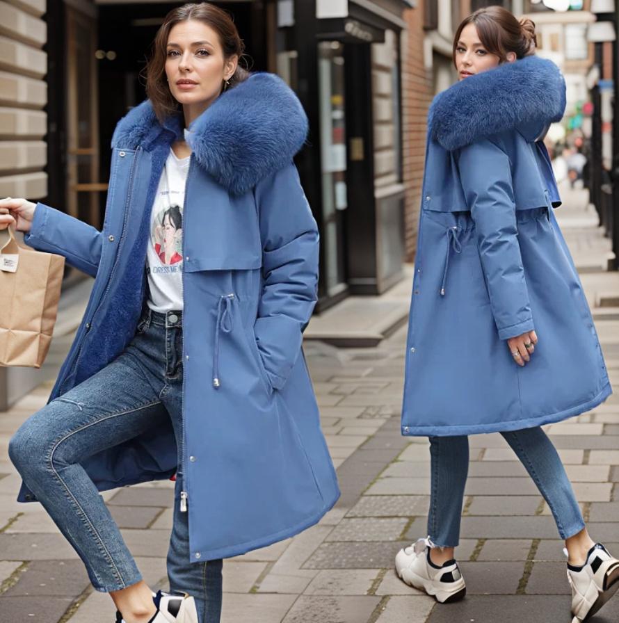 Women's Long Parka Coat Faux Fur Hood Drawstring Waist Winter Waterproof Padded - Lolly 