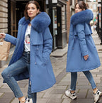 Women's Long Parka Coat Faux Fur Hood Drawstring Waist Winter Waterproof Padded - Lolly 