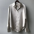 Women's Long Sleeve Button Down Satin Blouse Structured Collar Silky Elegant Work Evening – Stella - Lolly 