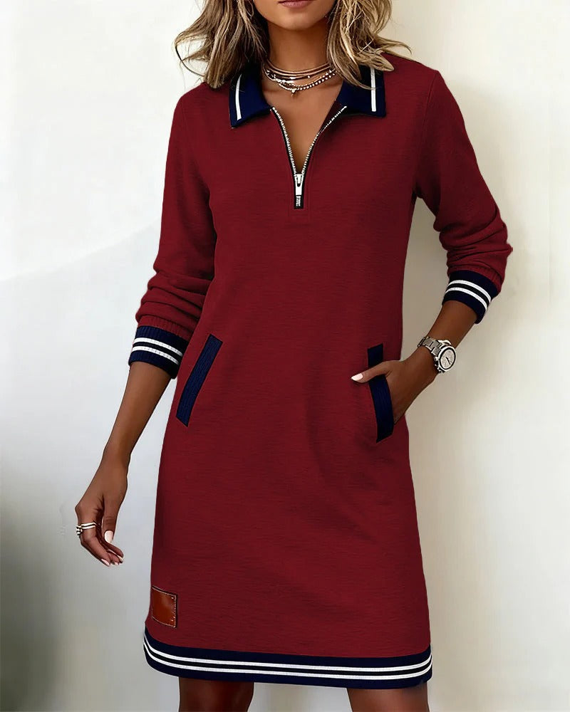Women's Long Sleeve Cotton Blend Zip-Up Lapel Collar Mini Dress Side Pockets Casual Work Office Everyday Autumn Winter – Claudette - Lolly 