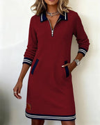 Women's Long Sleeve Cotton Blend Zip-Up Lapel Collar Mini Dress Side Pockets Casual Work Office Everyday Autumn Winter – Claudette - Lolly 