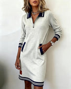Women's Long Sleeve Cotton Blend Zip-Up Lapel Collar Mini Dress Side Pockets Casual Work Office Everyday Autumn Winter – Claudette - Lolly 