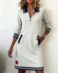 Women's Long Sleeve Cotton Blend Zip-Up Lapel Collar Mini Dress Side Pockets Casual Work Office Everyday Autumn Winter – Claudette - Lolly 