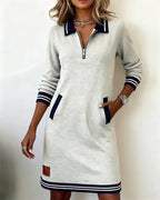 Women's Long Sleeve Cotton Blend Zip-Up Lapel Collar Mini Dress Side Pockets Casual Work Office Everyday Autumn Winter – Claudette - Lolly 