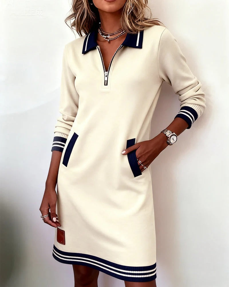 Women's Long Sleeve Cotton Blend Zip-Up Lapel Collar Mini Dress Side Pockets Casual Work Office Everyday Autumn Winter – Claudette - Lolly 